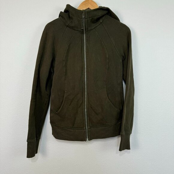 Lululemon‎ Scuba Hoodie Light Cotton Fleece Long Sleeve Full Zip Dark Olive Sz 8 - Picture 1 of 10